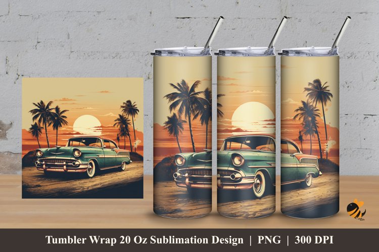 Retro Car And Sunset Tumbler Wrap Sublimation Design 3