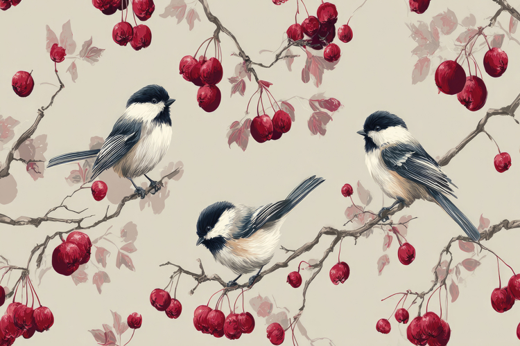 Chickadees Perched On Branches with Red Berries Background