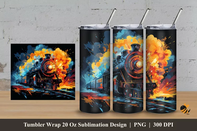 Burning Locomotive Tumbler Wrap Sublimation Design 3