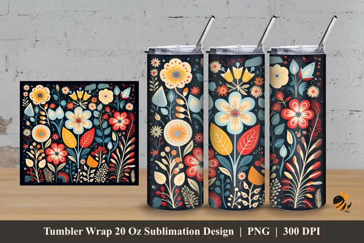 Scandinavian Floral Tumbler Wrap Sublimation Design 3