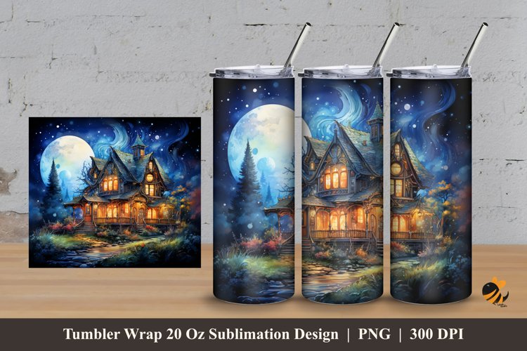 House At Night Tumbler Wrap Sublimation Design 3 example image 1