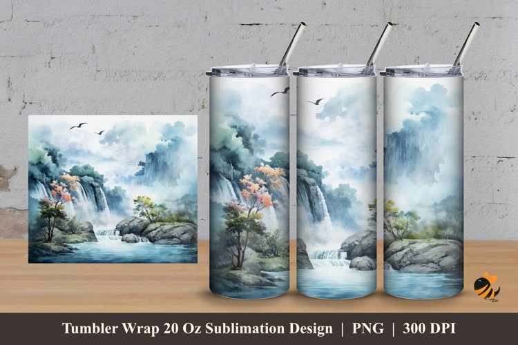 Painting Blue Waterfall Tumbler Wrap Sublimation Design 3