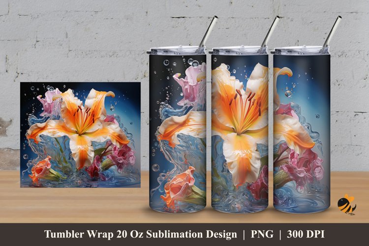 Splash Water Flower Tumbler Wrap Sublimation Design 3 example image 1