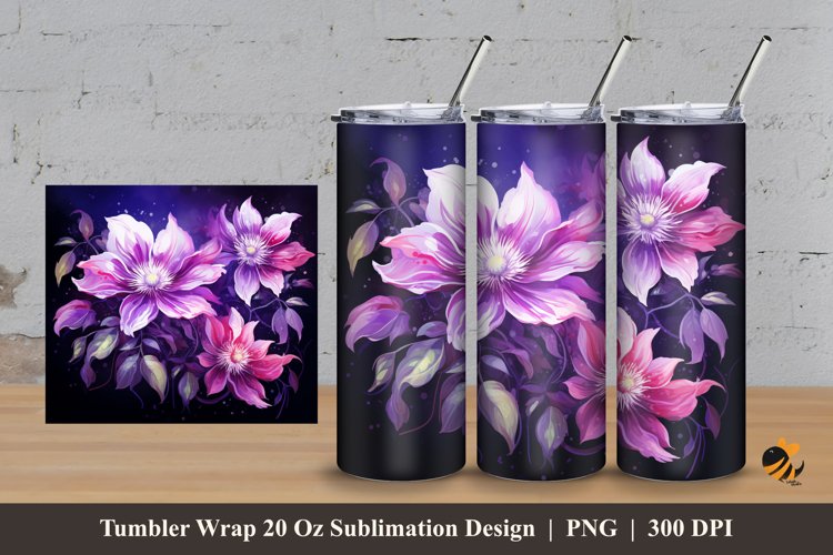 Clematis Flower Tumbler Wrap Sublimation Design 3 example image 1