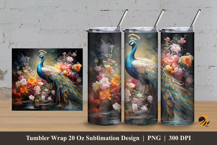 Flowering Peacock Tumbler Wrap Sublimation Design 3