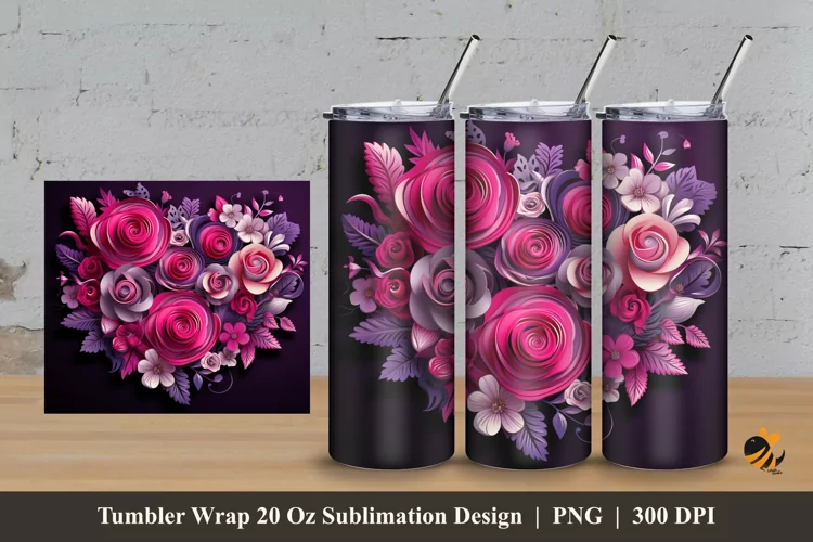 Pink Love Flower Tumbler Wrap Sublimation Design 3