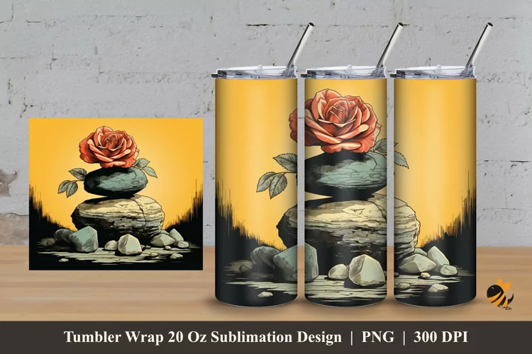 Sketch Rock And Rose Tumbler Wrap Sublimation Design 3