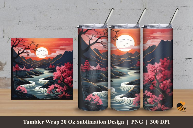 3d Sunset River Tumbler Wrap Sublimation Design 3 example image 1