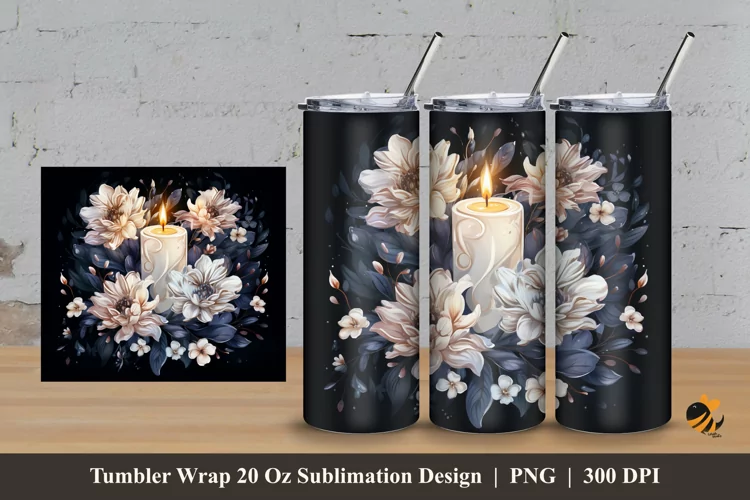 White Flower And Candle Tumbler Wrap Sublimation Design 3