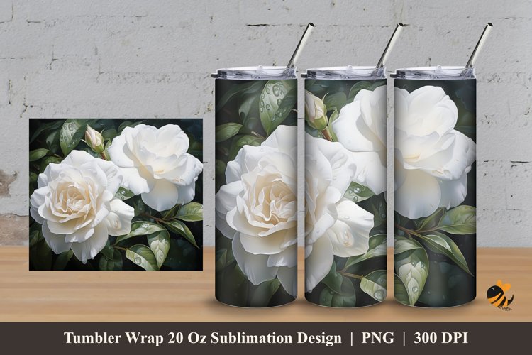 White Roses Tumbler Wrap Sublimation Design 3 example image 1
