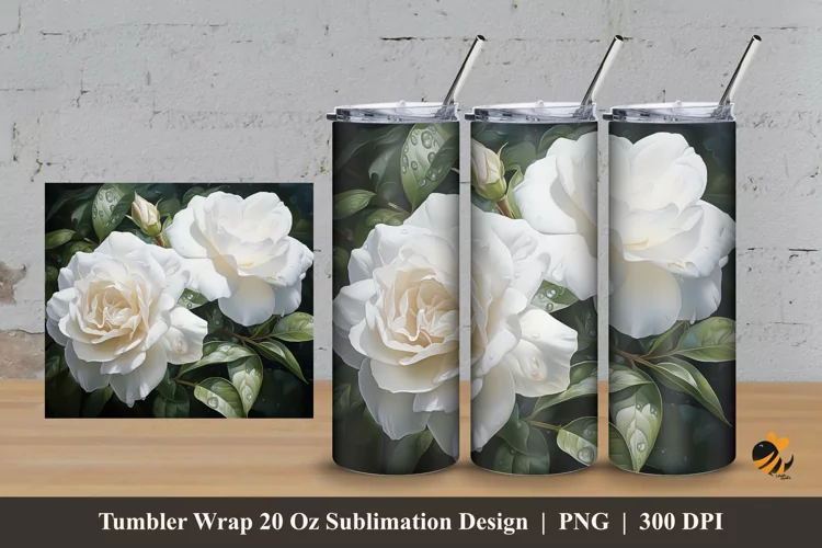 White Roses Tumbler Wrap Sublimation Design 3