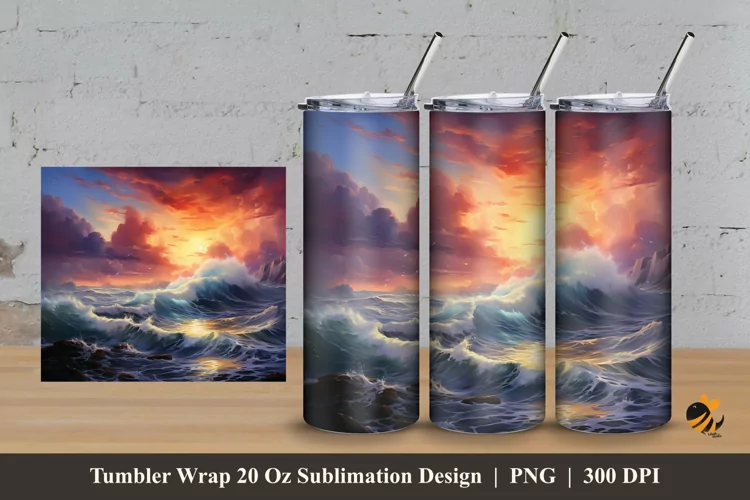 Big Sea Waves Tumbler Wrap Sublimation Design 3