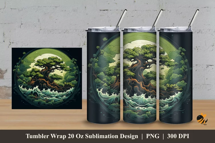 Tree And Wave Tumbler Wrap Sublimation Design 3