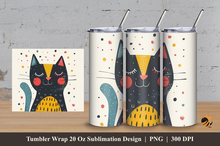 Handdrawn Cute Cat Tumbler Wrap Sublimation Design 3
