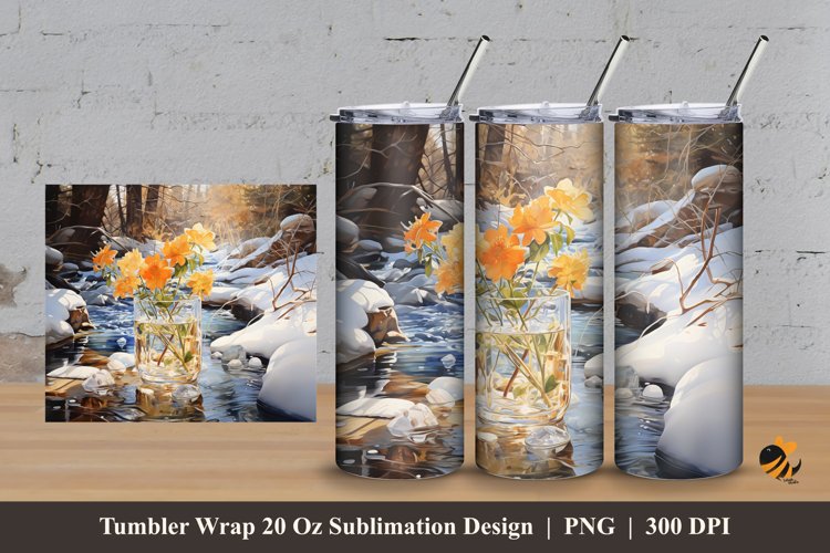 Winter Glass Flower Tumbler Wrap Sublimation Design 3 example image 1