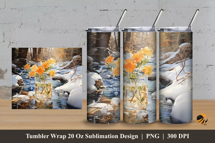 Winter Glass Flower Tumbler Wrap Sublimation Design 3