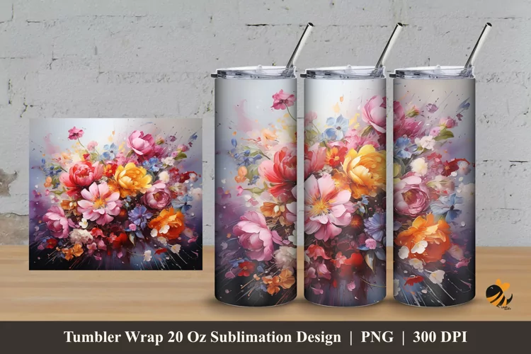 Flower on Canvas Tumbler Wrap Sublimation Design 3