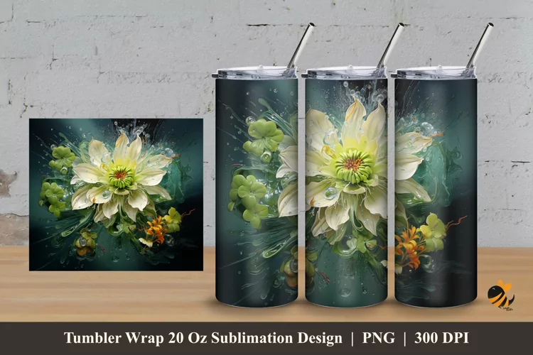Green Flowers Tumbler Wrap Sublimation Design 3