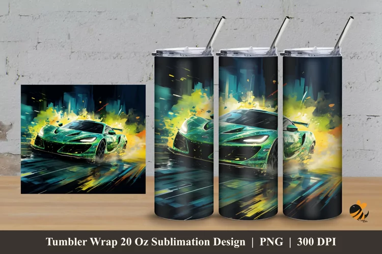 Green Car Tumbler Wrap Sublimation Design 3