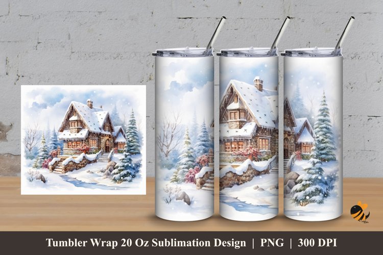 Snow And House Tumbler Wrap Sublimation Design 3 example image 1