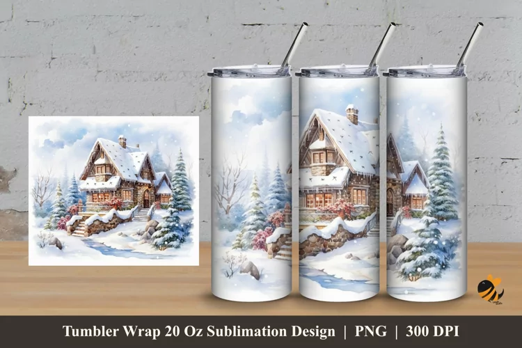 Snow And House Tumbler Wrap Sublimation Design 3