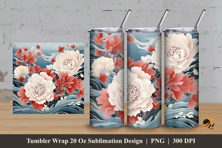 Flower And Wave Tumbler Wrap Sublimation Design 3