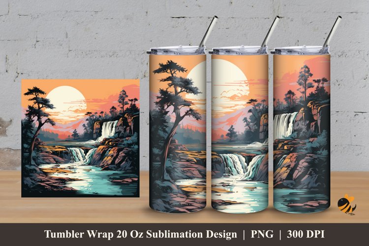 Vintage Waterfall Sunset Tumbler Wrap Sublimation Design 3 example image 1