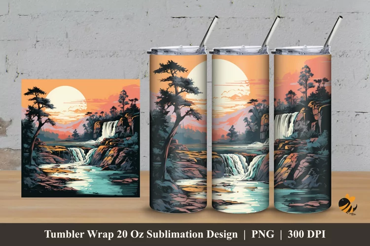 Vintage Waterfall Sunset Tumbler Wrap Sublimation Design 3