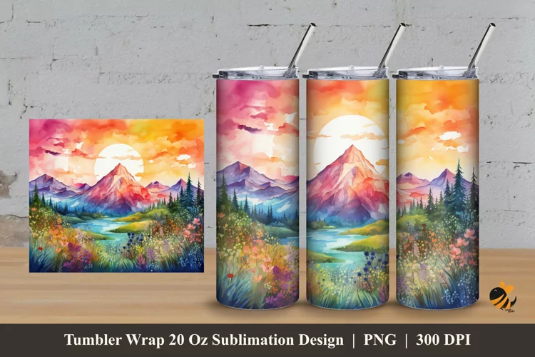 Watercolor Mountain View Tumbler Wrap Sublimation Design 3
