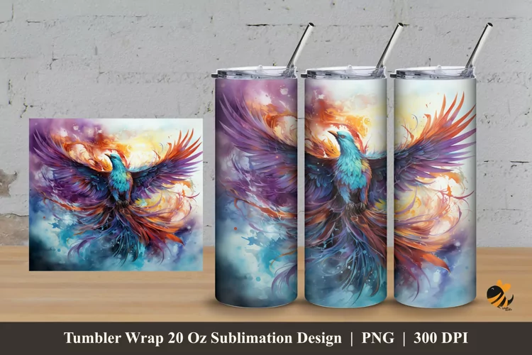 Watercolor Phoenix Tumbler Wrap Sublimation Design 3