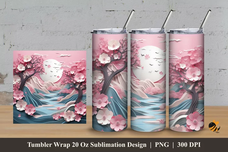 Nature River With Sakura Tumbler Wrap Sublimation Design 3