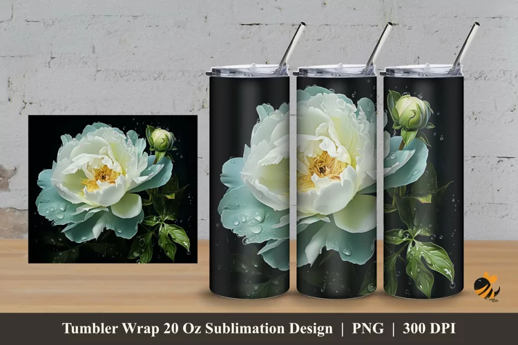 Green Peony Tumbler Wrap Sublimation Design 3