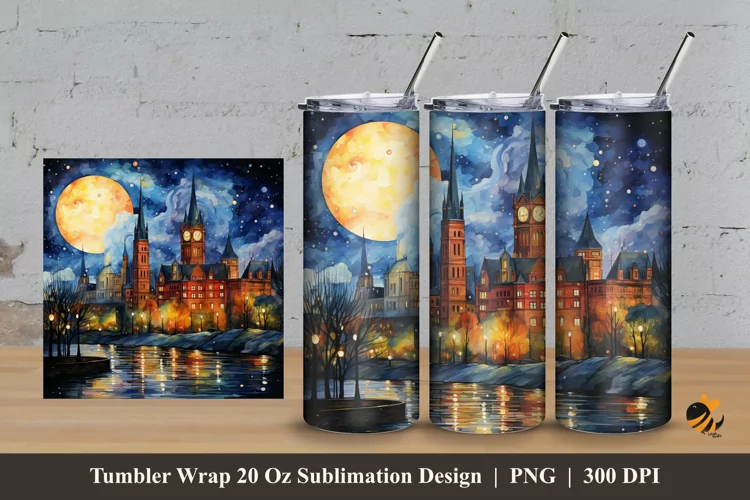 Starry Night At City Tumbler Wrap Sublimation Design 3