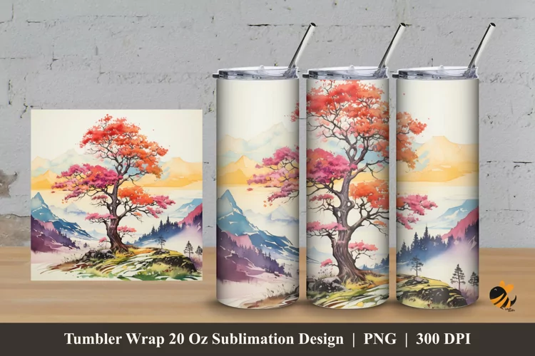 Mountain And Tree Tumbler Wrap Sublimation Design 3