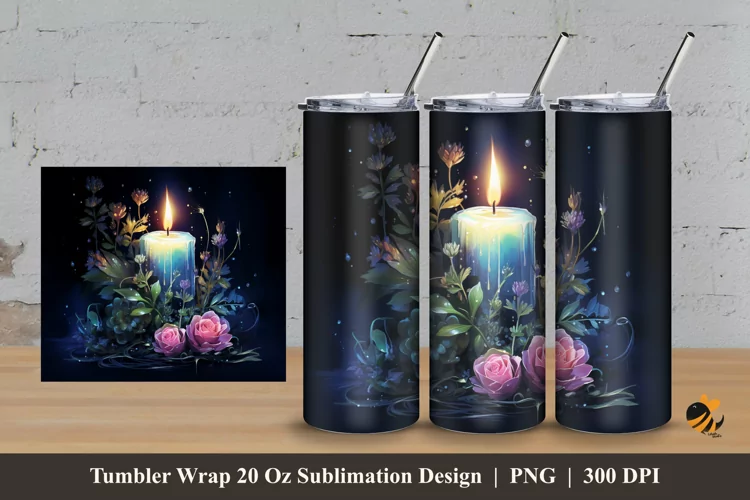 Flower And Candle Tumbler Wrap Sublimation Design 3