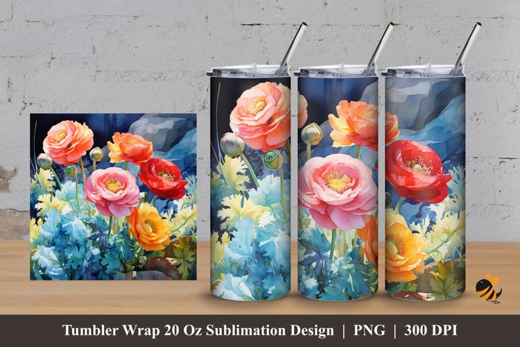 Colorful Ranuculus Tumbler Wrap Sublimation Design 3 example image 1