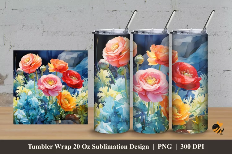 Colorful Ranuculus Tumbler Wrap Sublimation Design 3