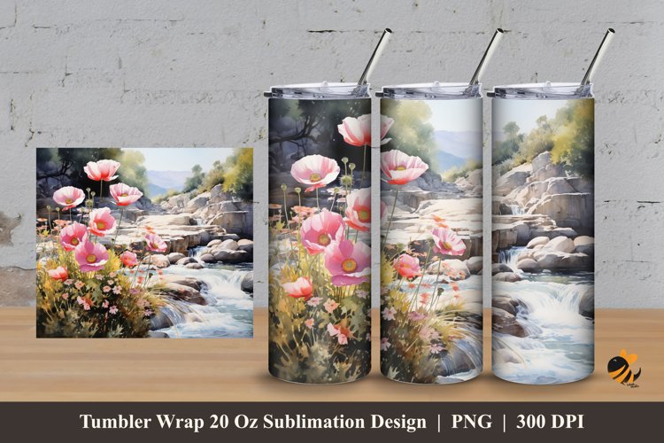 Floral And River Tumbler Wrap Sublimation Design 3 example image 1