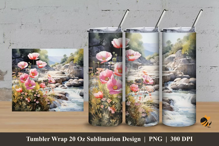 Floral And River Tumbler Wrap Sublimation Design 3