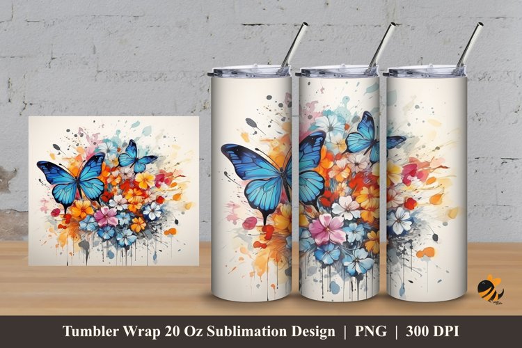 Butterflies Flowers Tumbler Wrap Sublimation Design 3 example image 1