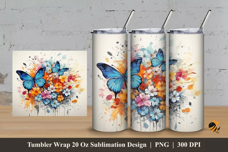 Butterflies Flowers Tumbler Wrap Sublimation Design 3