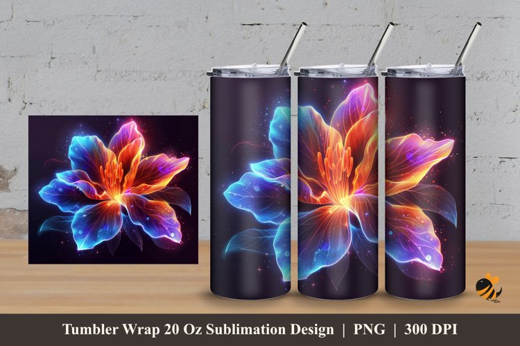 Fantasy Neon Flower Tumbler Wrap Sublimation Design 3 example image 1