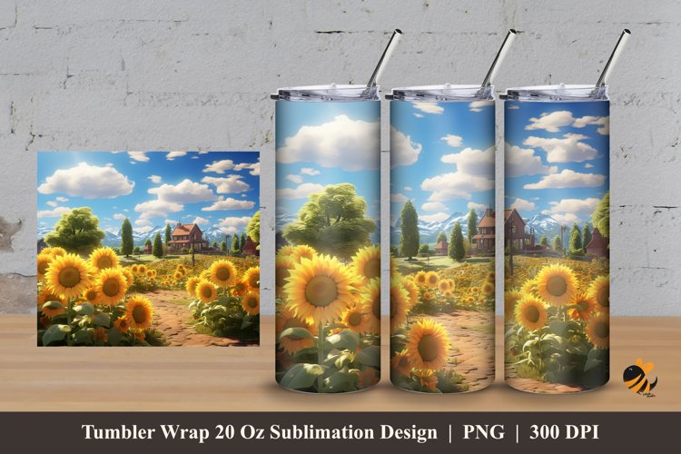 Landscape Sun Flowers Tumbler Wrap Sublimation Design 3 example image 1