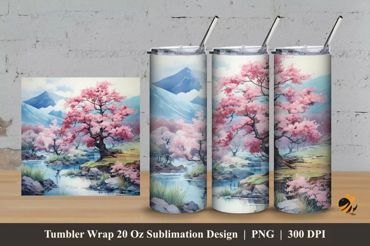 Sakura And Panoramic Tumbler Wrap Sublimation Design 3
