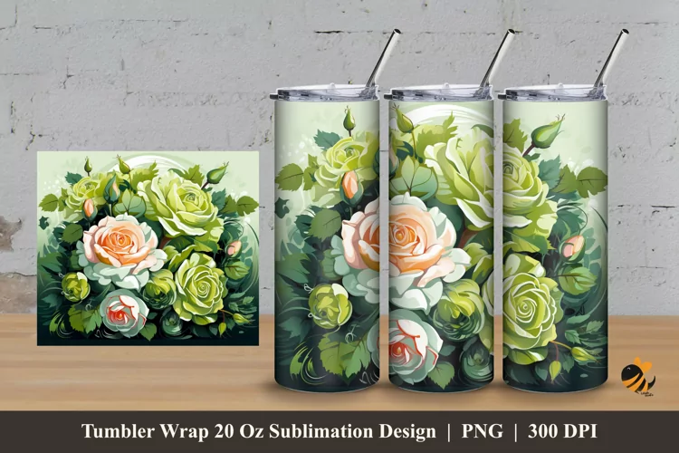 Green Flower Tumbler Wrap Sublimation Design 3