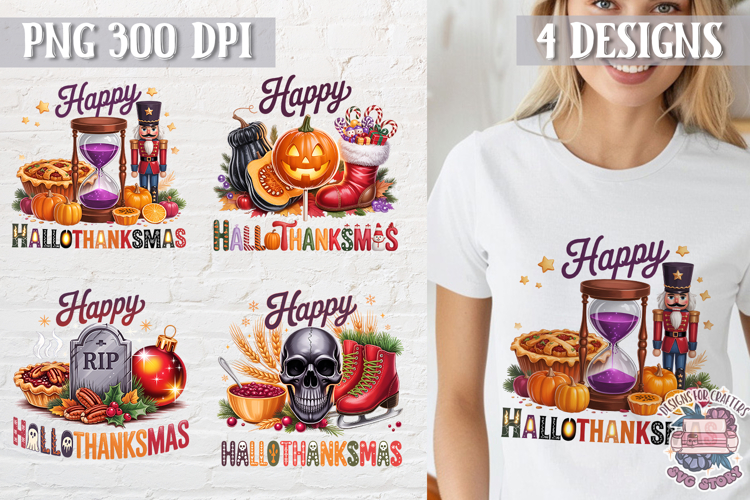 HalloThanksMas Sublimation T Shirt Design PNG 4 designs