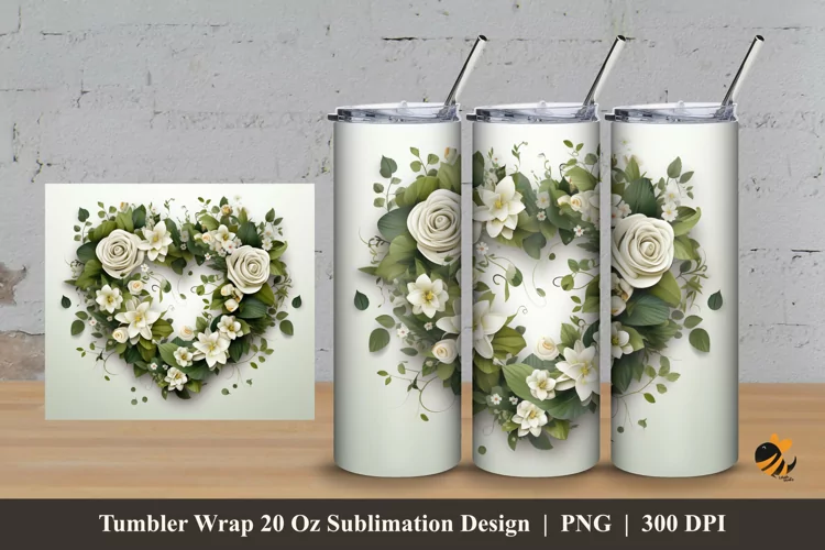 Green Valentine Wreath Tumbler Wrap Sublimation Design 3