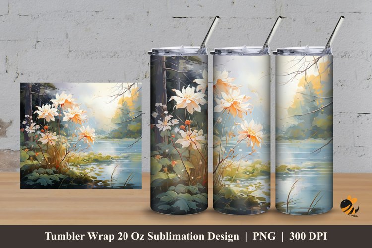 Watercolor Lake Bush Tumbler Wrap Sublimation Design 3