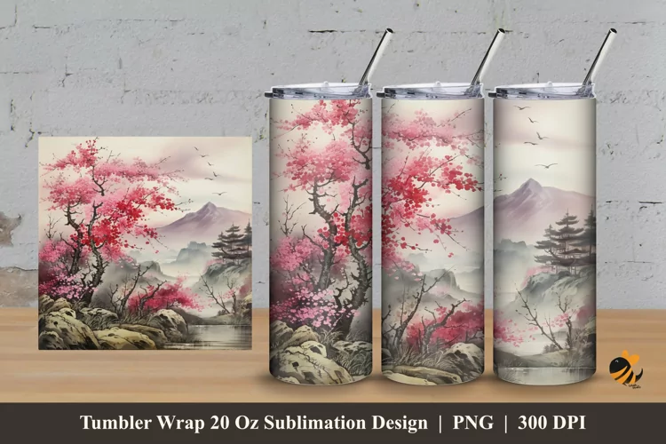 Nature And Cherry Tree Tumbler Wrap Sublimation Design 3