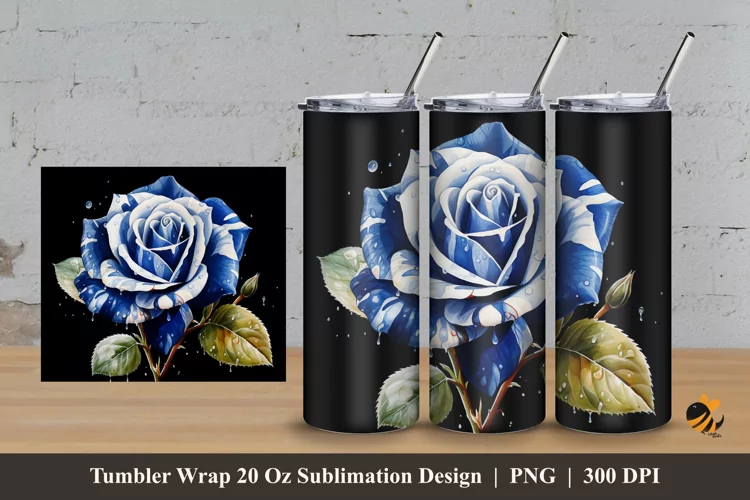 Blue Striped Rose Tumbler Wrap Sublimation Design 3